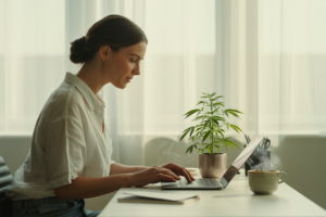 cannabis and productivity - person working at desk with cannabis plant