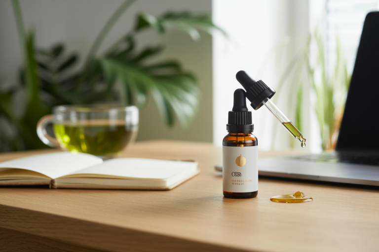 CBD for focus - oil bottle on desk with notebook