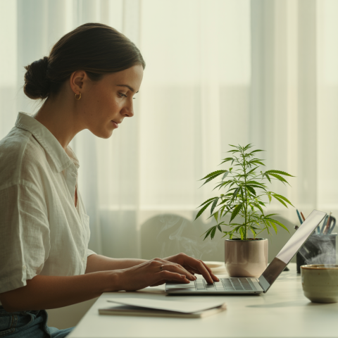 cannabis and productivity - person working at desk with cannabis plant