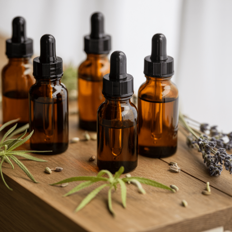 CBD for beginners - CBD oil bottles with hemp leaves wellness product